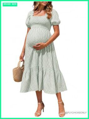 Smocked Maternity Dress Puff Sleeve Square Neck Midi Baby Shower